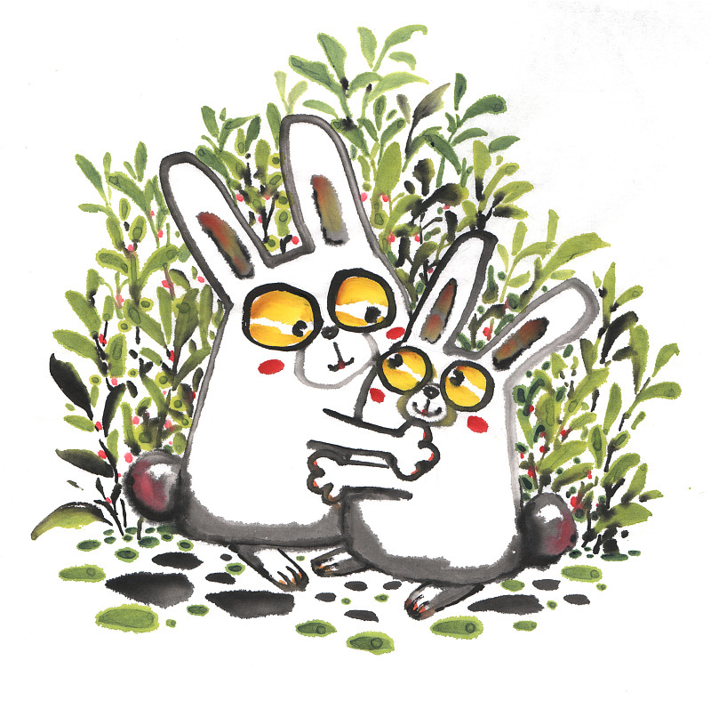国画水墨插画 相互拥抱的兔子图片