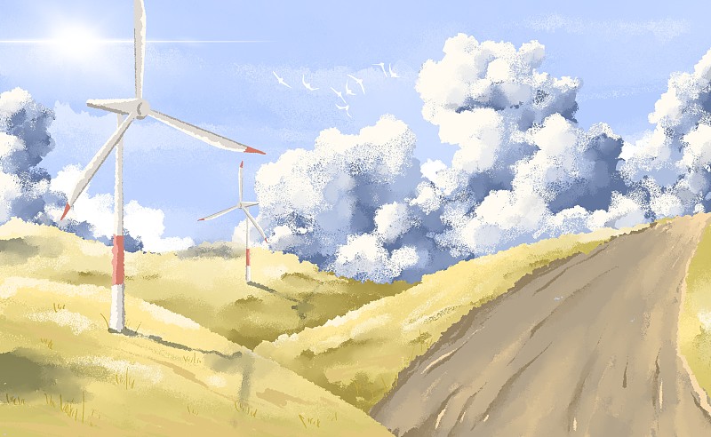 户外风力发电风车环保概念插画下载