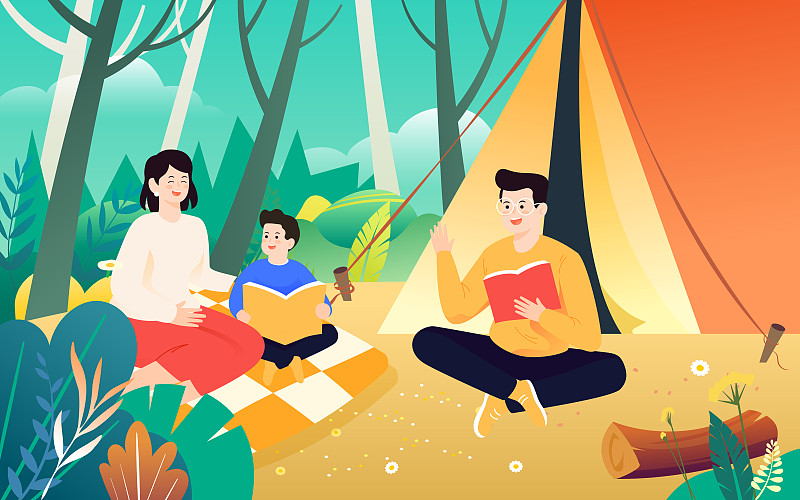 夏天暑期户外露营草地帐篷野餐家人聚会插画图片