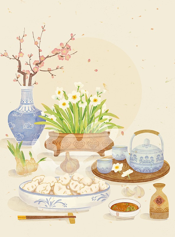 古风新中式吃饺子赏花水仙花梅花图片下载