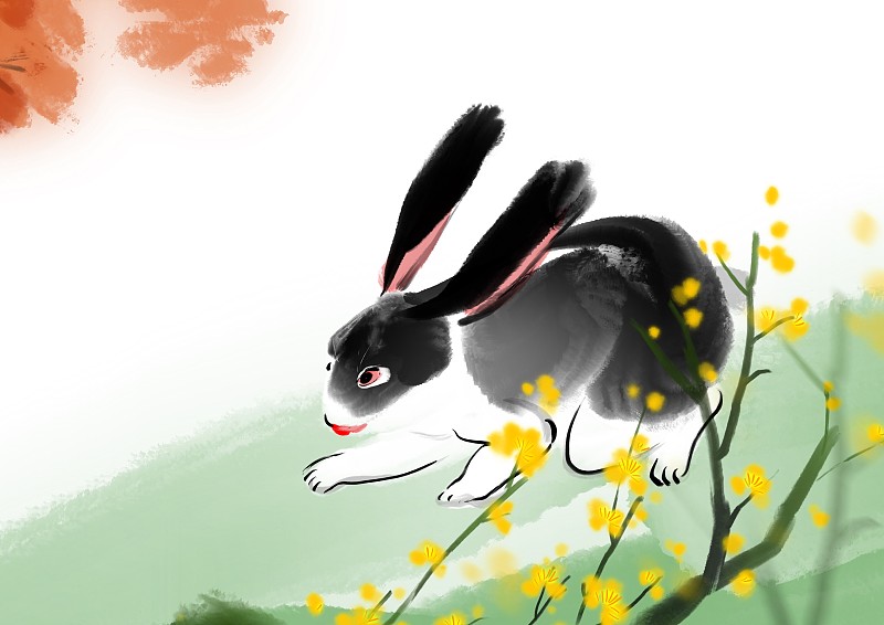2023春节过年水墨年画兔子图片下载