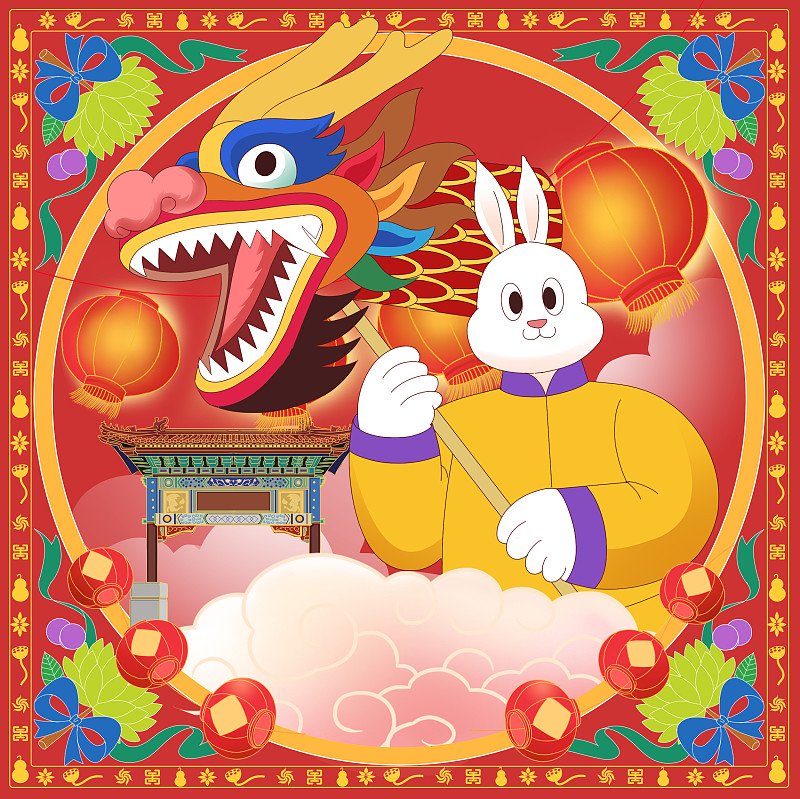 中国风新中式国潮风2023年兔年兔子新年新春春节过年过节传统节日插画下载