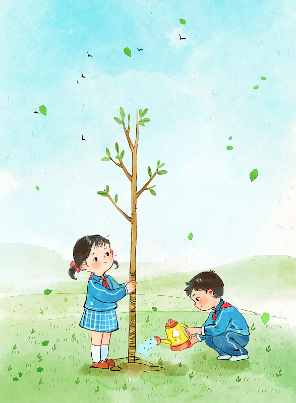 两个小学生种树插画下载