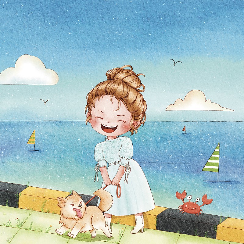 小女孩牵着小狗狗在海边游玩的小清新手绘水彩风格插画下载