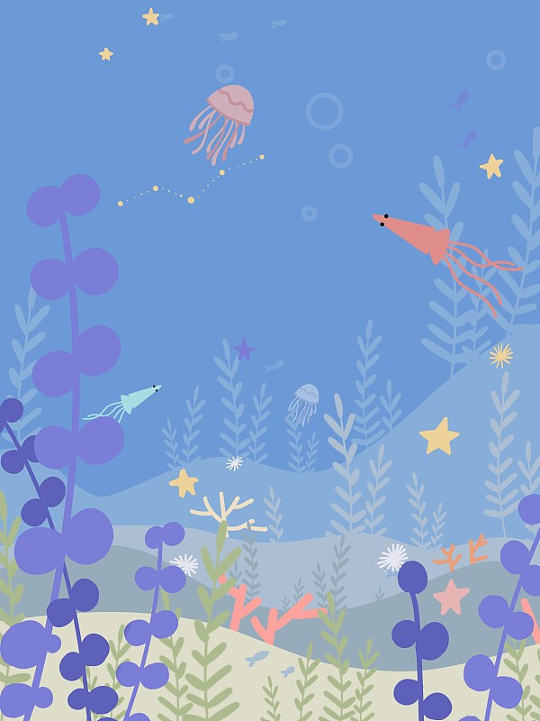 海草水母墨鱼海星海葵珊瑚海底世界插画下载