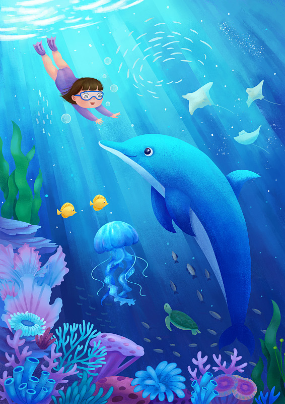 深海里，一个小女孩潜水游向海豚图片下载