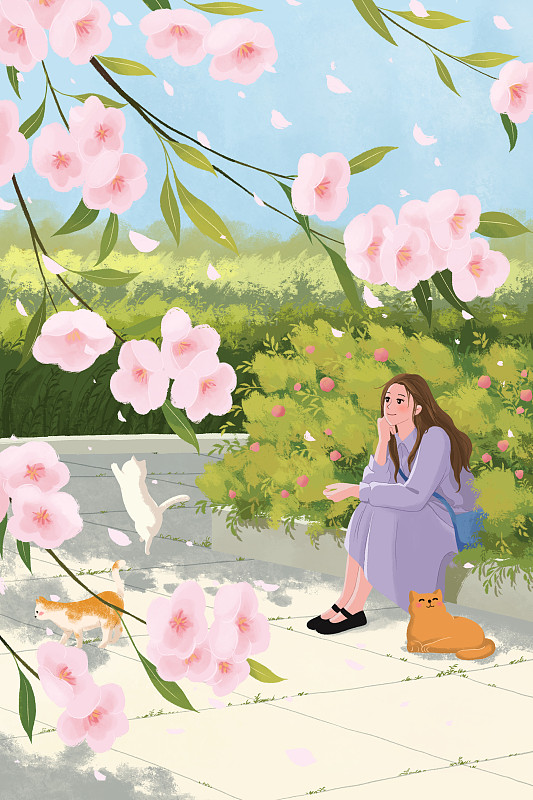 小清新治愈系插画一个女孩坐在开满花朵的公园花坛边下载