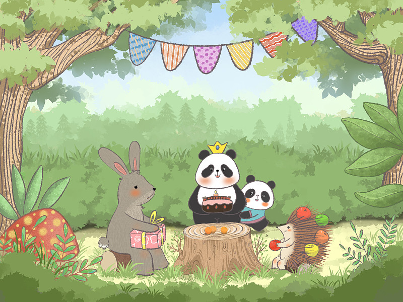 森林生日party，熊猫球球过生日，森林里的的好朋友都带着礼物来庆祝，祝球球生日快乐！图片下载