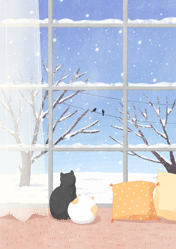 小清新插画节气冬天室内猫雪窗户下载