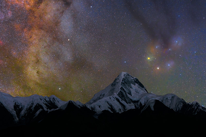 银河星空夜幕下白雪皑皑的贡嘎山大雪山群山景色图片下载