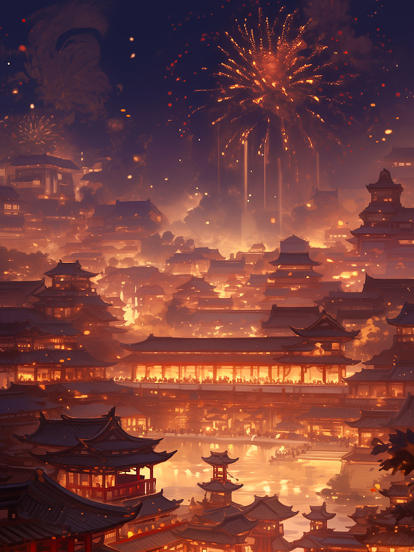 【AI数字艺术】大唐不夜城，中国古代场景，节日夜晚烟火表演秀图片下载
