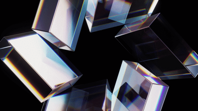 抽象多彩玻璃几何体与黑色背景3D渲染图片下载