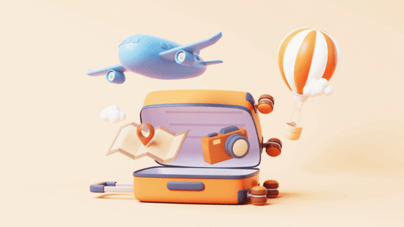 卡通行李箱与旅行主题循环动画3D渲染图片下载