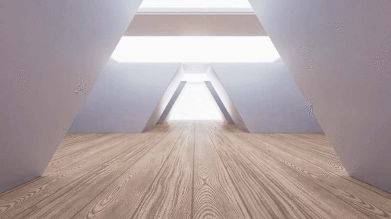 穿梭在木地板几何体建筑空间3D渲染图片下载