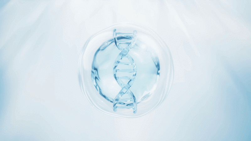 透明DNA与蓝色水珠生物护肤品3D渲染图片下载