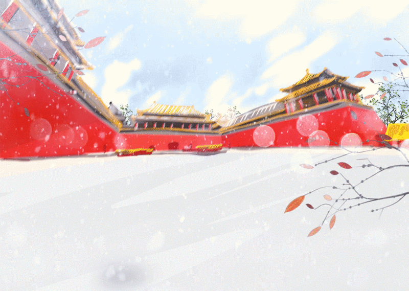 冬天大雪红色背景下的古建筑插画下载