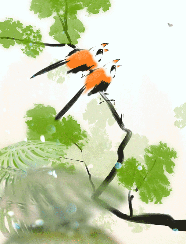 树枝两只鸟清新自然高雅艺术水墨动画视频图片下载
