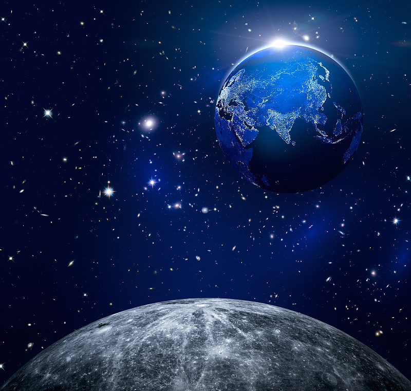 奇幻的宇宙星空发光的地球和月球表面图片素材