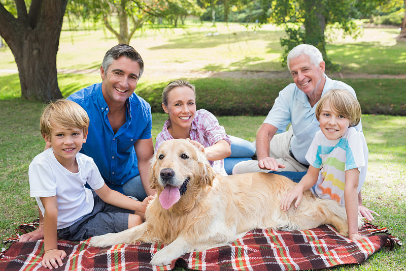 在一个阳光明媚的日子里，幸福的家庭和他们的狗对着镜头微笑图片下载