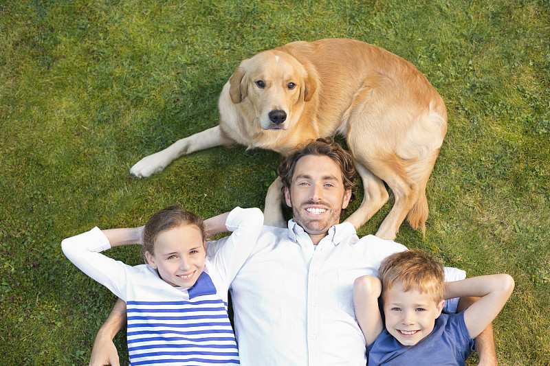 家人和狗在草坪上放松图片素材