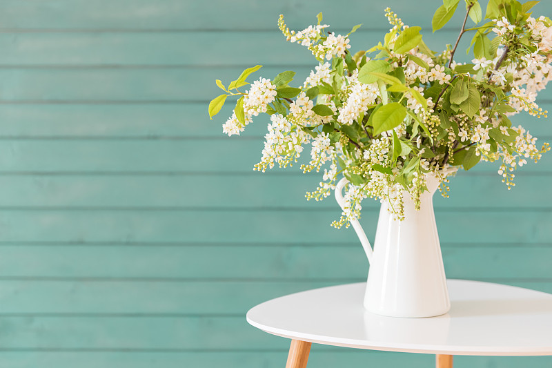 美丽的白花插在花瓶里，蓝色的木制背景图片下载