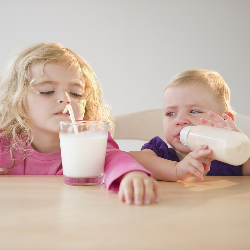 美国，新泽西州，泽西城，两个金发女孩(20个月，4-5岁)喝牛奶图片下载