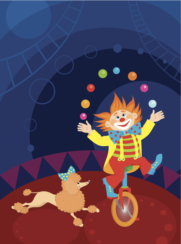 马戏团舞台上的小丑和狮子狗图片素材