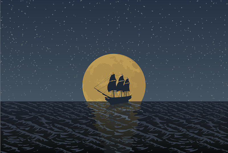 月夜行船简笔画图片