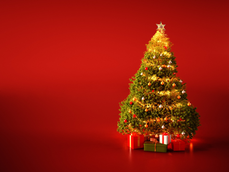 红色背景上的圣诞树图片下载