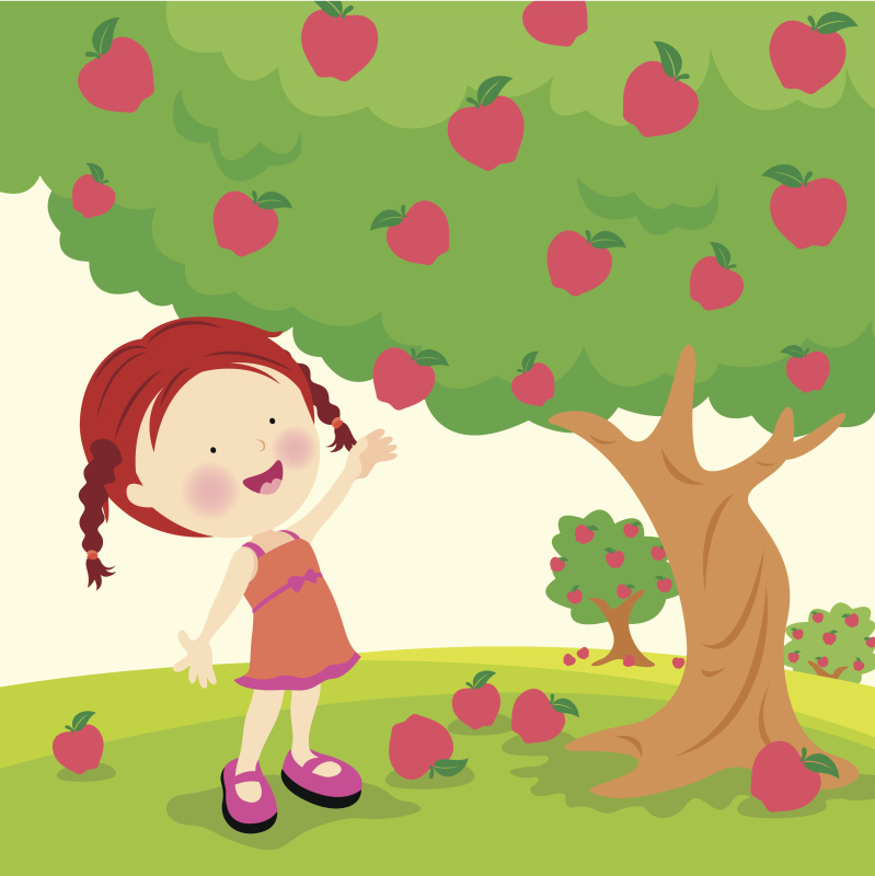 一幅小女孩摘熟苹果的插图图片