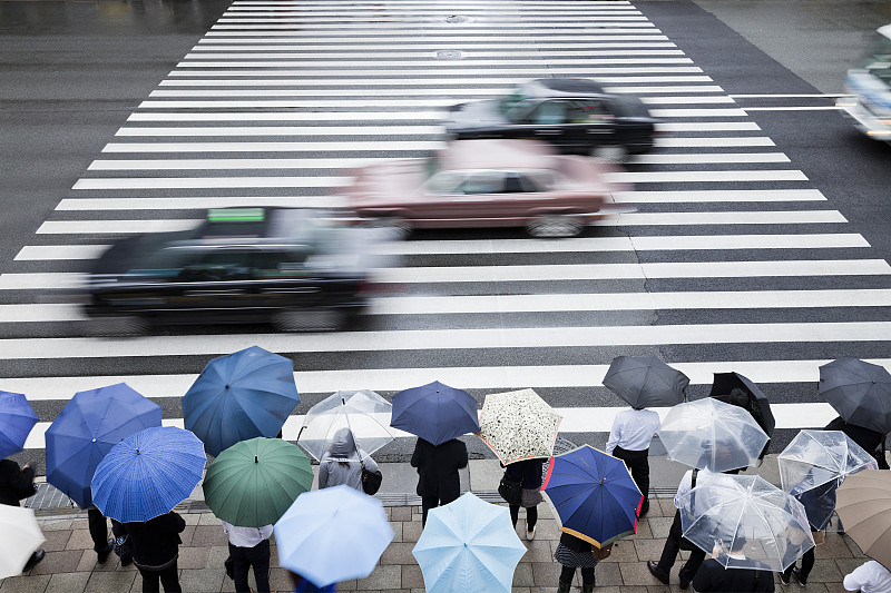 下雨的通勤者在人行横道前图片下载
