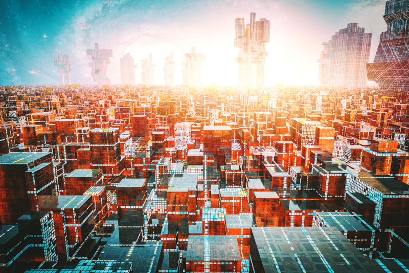 Dense, crowded futuristic cityscape图片下载