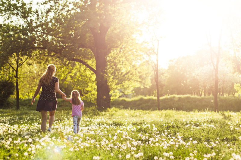 日落时分，孩子和母亲在草地上散步图片下载