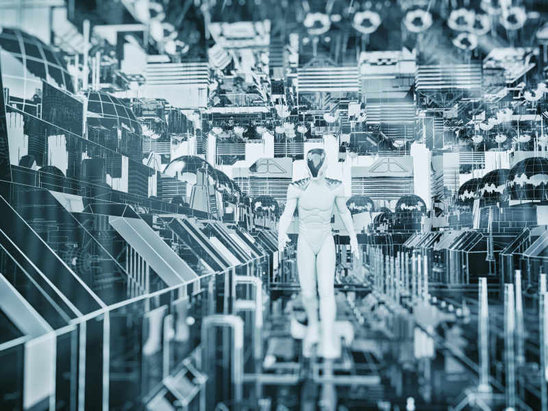 Astronaut walking in futuristic city图片下载