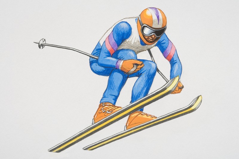 滑雪者表演跳跃，在空中飞行，弯曲的膝盖和杆在他的一边，低角度的观点。图片下载