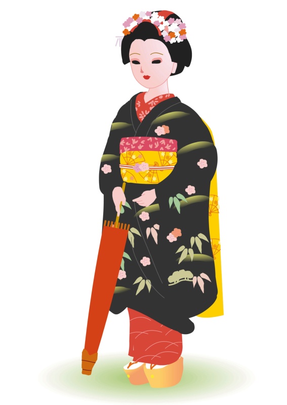 女人站着，拿着伞在日本风格的衣服，正面的观点，日本图片下载
