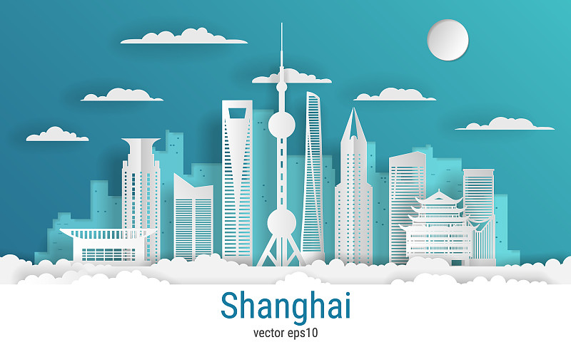剪纸风格的上海城市，白色彩色纸，矢量股票插图。所有著名建筑的城市景观。天际线上海城市构图设计图片下载