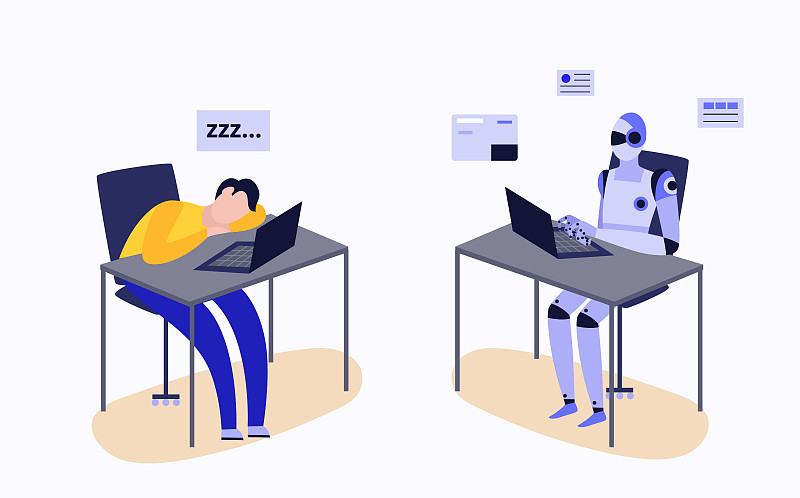 人类和机器人在笔记本电脑桌前工作，疲惫的人和高效的半机械人图片下载