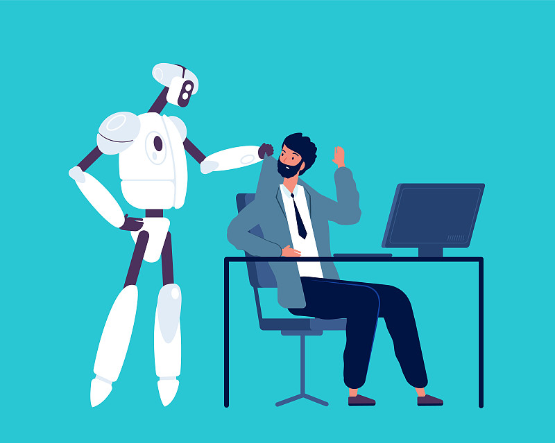 Android和人类。机器人将商务人士从办公空间赶走人工智能未来的工作矢量概念图片下载