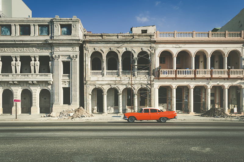 古巴哈瓦那的老爷车和老房子图片素材