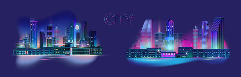 夜间城市全景与霓虹灯在蓝色背景。向量集。图片下载