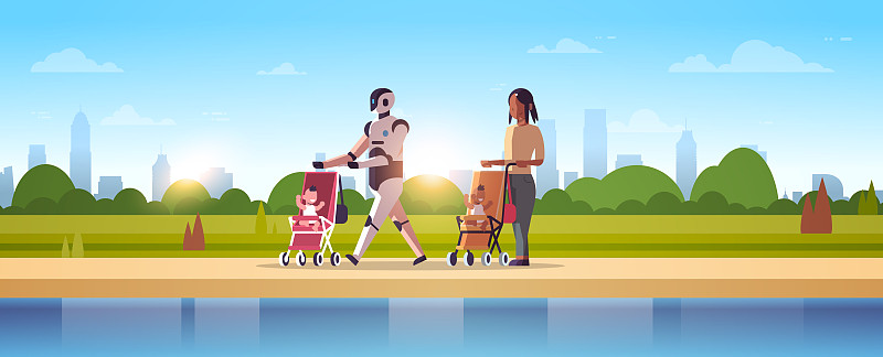 机器人保姆和妈妈带着婴儿在婴儿车里走路机器人vs人类站在一起人工智能技术概念城市公园景观背景全长水平图片下载