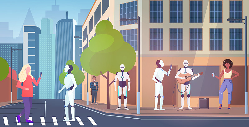 人和机器人人物行走城市街道机器人弹吉他人工智能技术概念城市景观背景水平全长图片下载