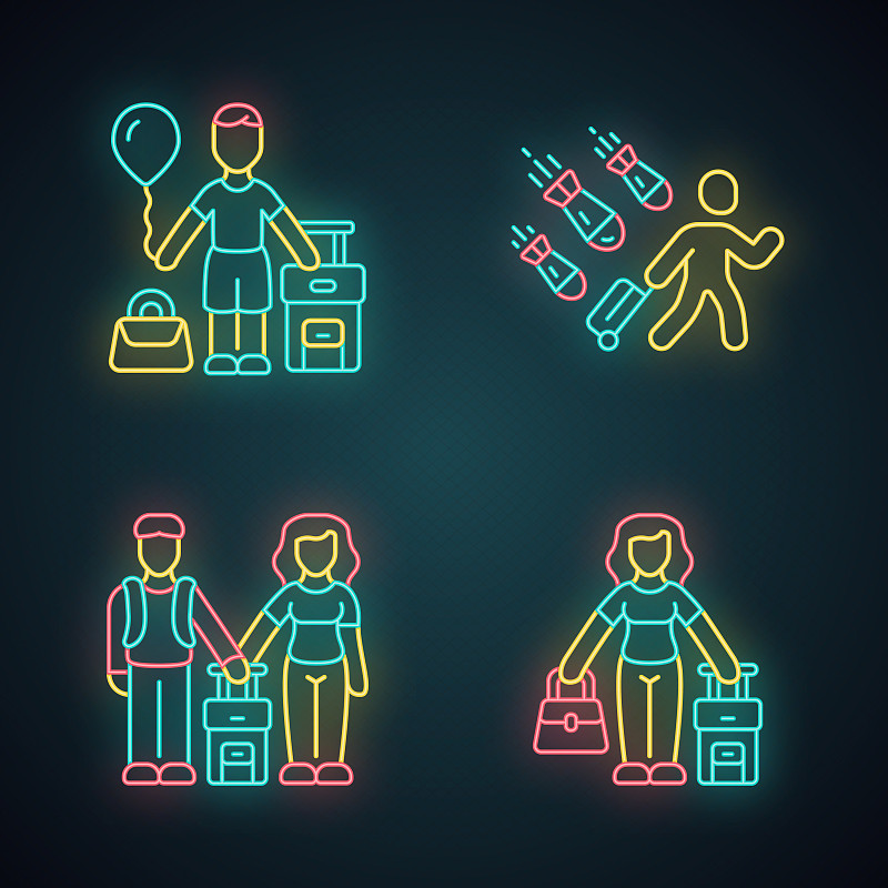难民霓虹灯图标集。一对夫妇，孩子带着行李箱出国旅行。旅游客运。家庭旅行、度假、旅游。移民的孩子,家庭。发光的迹象。向量孤立的插图图片下载