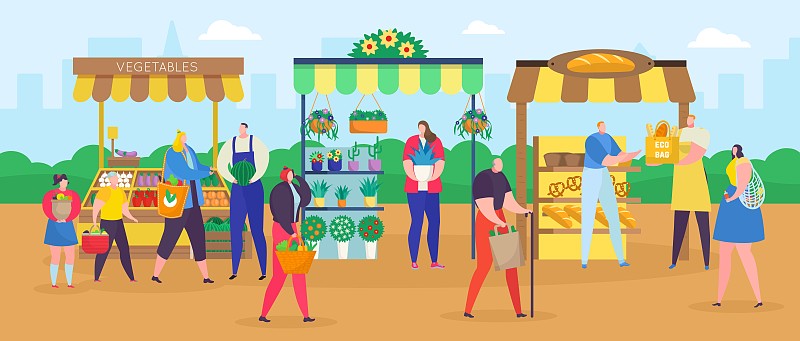 街头商铺市场矢量插画，卡通平人购物用购物袋，购买食品或鲜花，公平的背景下载
