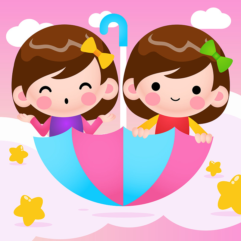 卡通双胞胎女孩骑飞行伞矢量插图图片