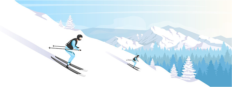 滑雪度假胜地平面彩色矢量插图图片下载