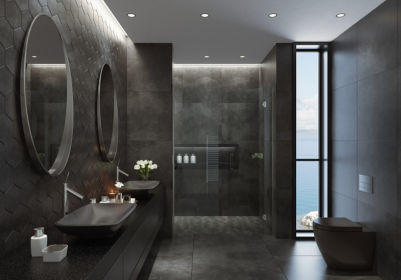 现代全黑色浴室与六角形瓷砖在海边图片下载