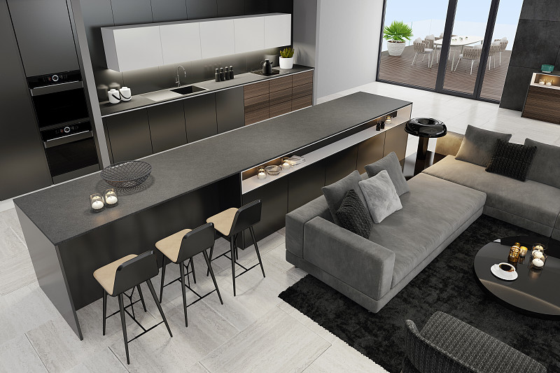 豪华的黑色室内客厅与现代极简主义意大利风格的开放式空间厨房与大长厨房岛。图片下载