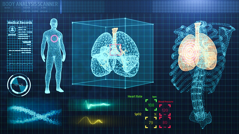 三维人机界面HUD的医学技术，肋骨和肺的人体器官分析框架模型的医学技术背景图片下载